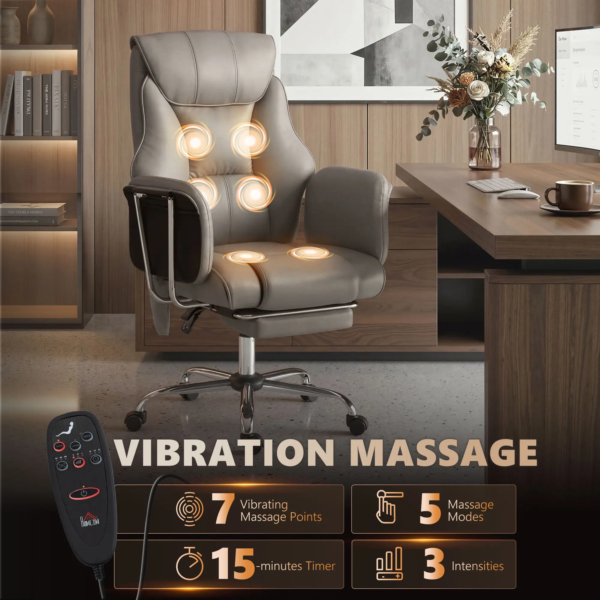 HOMCOM Massage Office Chair with 6-Point Vibration, Overstuffed Reclining Desk Chair with High Back, PU Leather, Footrest, Thick Spring Cushion, Lumbar Support, Adjustable Height, Swivel Wheels