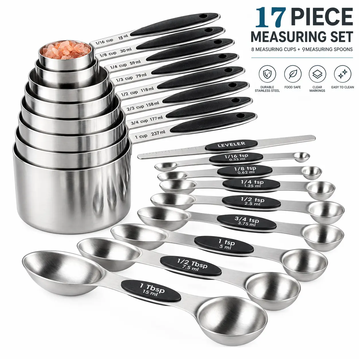 17-Piece Sturdy Stainless Steel Measuring Cup & Spoon Set - Silicone Kitchen Supplies, Utensils with 8 Heavy-Duty Cups, 8 Stack-Safe Double-Sided Magnetic Spoons, 1 Leveler, 0-500 Ml US/Metric, Dry/Liquid Easy-Clean Baking Essential