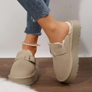 Fashion Women's Suede Buckle Fleece Slippers Plush Lined Chunky Sole Shoes Indoor Outdoor Footwear