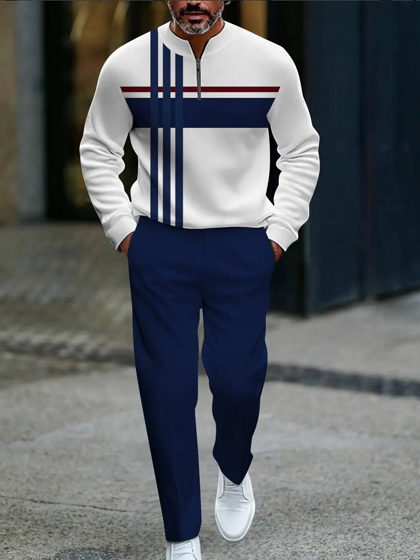 Men's Half-Zip Fitted Polyester Sports Pullover - Male M Size, Bold Contrasting Stripes, Machine Washable, Normal Type, Do Not Bleach, Easy Care, Wrinkle-Resistant for Fitness (Sports & Outdoor Clothing), Polyester Fibre, Sporty Chic