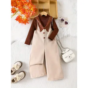 Girls' Tweed Suspender Pants Set with Stand Collar Top, Autumn/Winter Khaki Two-Piece Outfit, Perfect for Outdoor