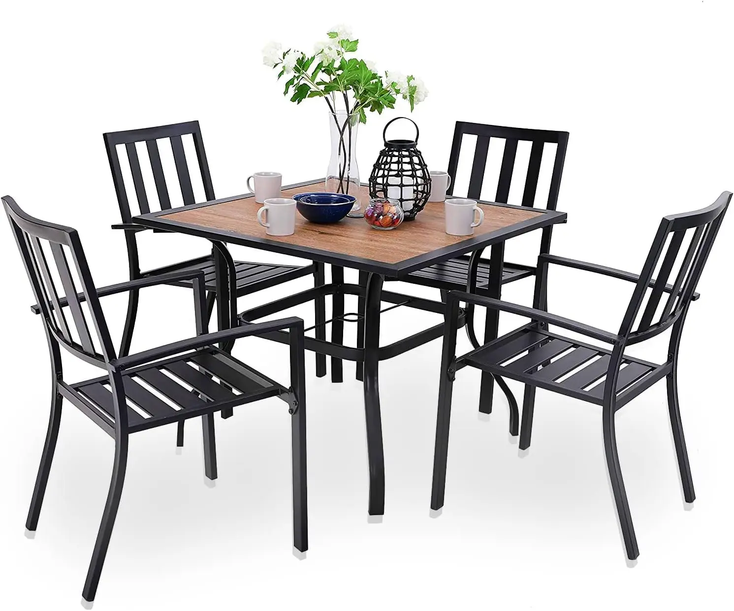 PHIVILLA Home 5 Pieces Outdoor Dining Set for 4, 37" Square Metal Table with Polywood Top & Stackable Wrought Iron Chairs, Outside Furniture Set for Patio, Deck, Backyard, Porch