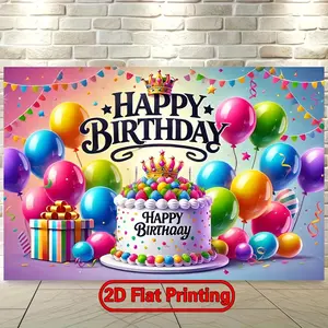Summervibes 2D Flat-Printing Polyester Party Backdrop Banner, 1pc Happy Birthday Tia Design with Balloons and Cake, for Living Room, Outdoor Parties, Ideal Holiday Gift, Party Backdrops