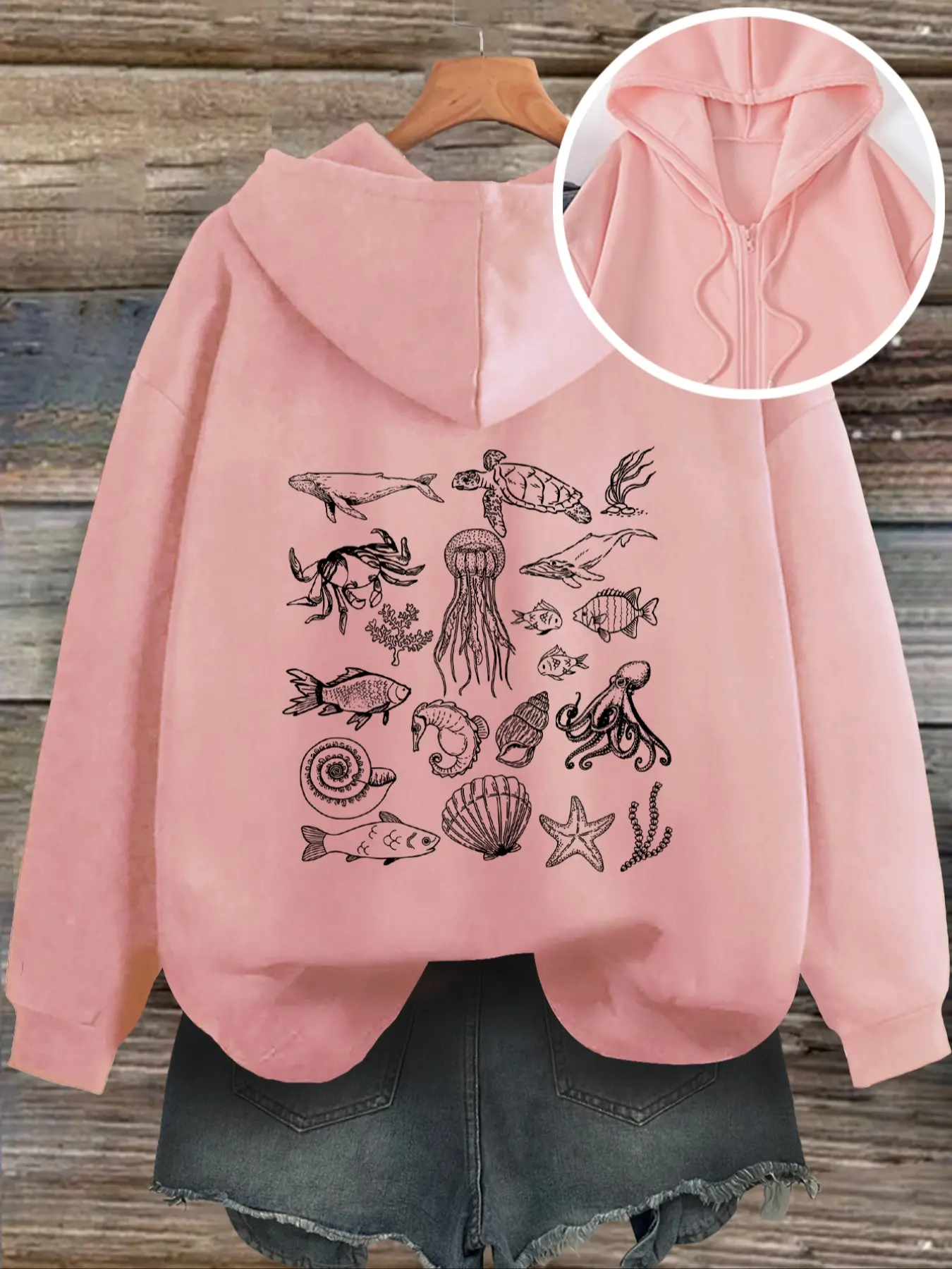 Women's Ocean Life Print Hoodie Jacket, Casual Fitted Zipper Design, Summer & Autumn Wear, Plain Pattern, Moderate Fabric Thickness