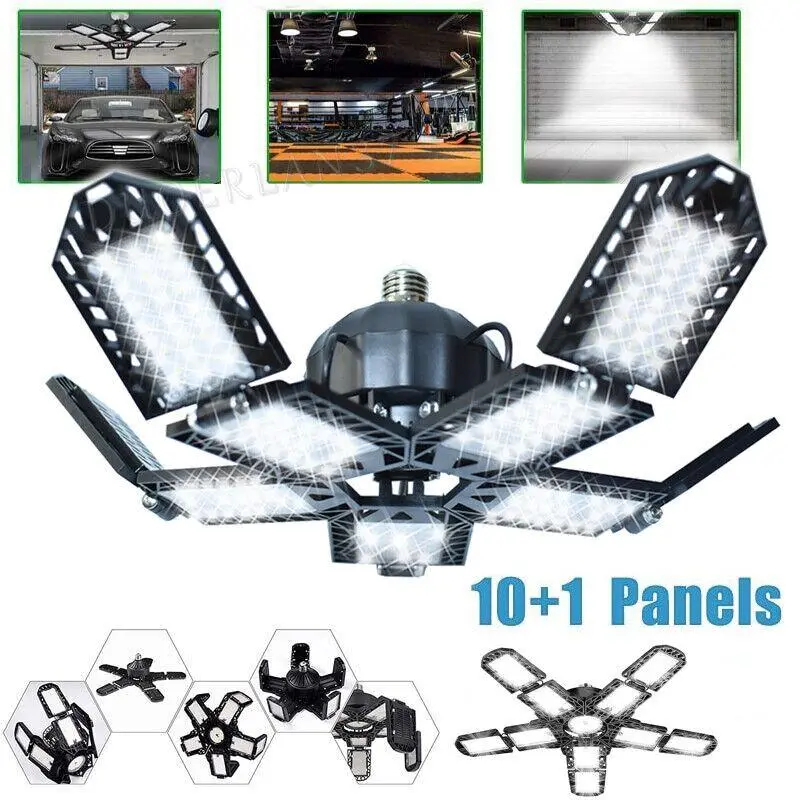 LED Garage Lights, 2Deformable Garage Light, Ceiling LED Shop Lights, E26/E27 Screw In LED Light Garage Lighting with 10+1 Panels Garage Bulb for Basement, Attic, Warehouse