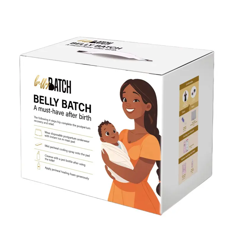 Belly Batch Post Partum Box - Essential Recovery Kit for New Moms - Soft Maternity Gown, Cozy Socks, Peri Bottle, Disposable Underwear, Ice Pads, Witch Hazel Liners, Perineal Foam - Safe & Gentle Postpartum Healing Solution