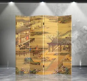 Thy Home Spruce Wood Multiple-Panel Double-Sided Rectangular Room Divider - Chinese Theme, Garden Scene, Fade-Proof, Artistic Indoor Furniture