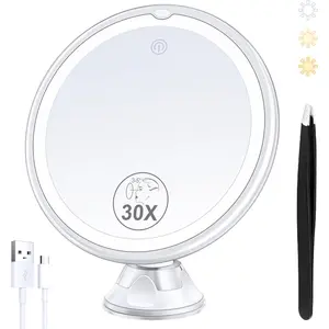 Lighted Makeup Mirror with 30X Magnification, 30X Magnifying Mirror Suction Cup with Light, 3 Color Modes and Adjustale rightness, 360?Swivel Magnifying Mirror with Light for Vanity Mirror 1500mAh