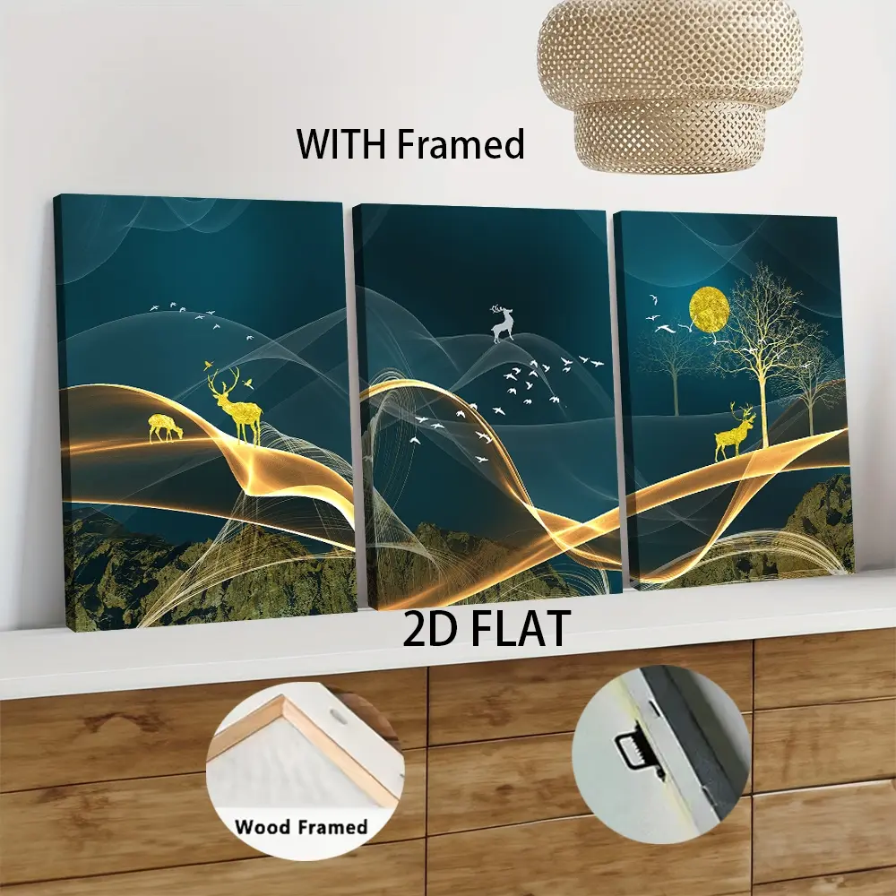 3Pcs set Wood Framed Modern Luxury Abstract Landscape Deer Canvas Wall Art with Solid Wood Frame Living RoomHome Decor Minimalist Abstract Painting Modern Abstract Design Decorative Artwork Ready to Hang Ready To Hang