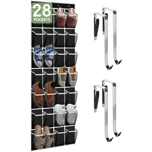 28 Compartment Over the Door Shoe Organizer, Breathable Mesh Large Shoe Rack for Closet Storage, Space Saving Hanging Shoe Holder with Reinforced Hooks (Fits Men & Women,Black-01)