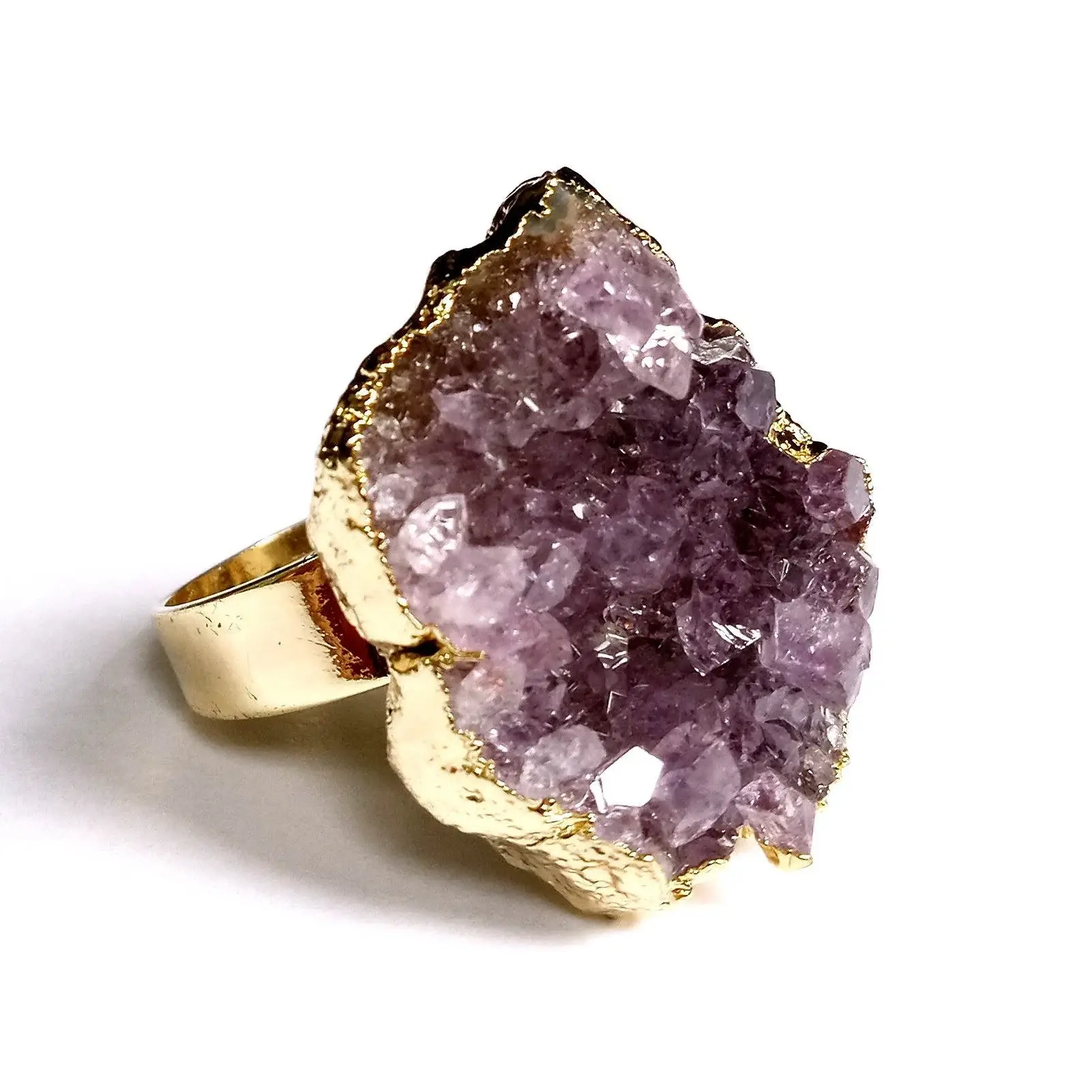 Genuine Amethyst Geode Cocktail Ring 43.7 Carats On Adjustable Brass Band