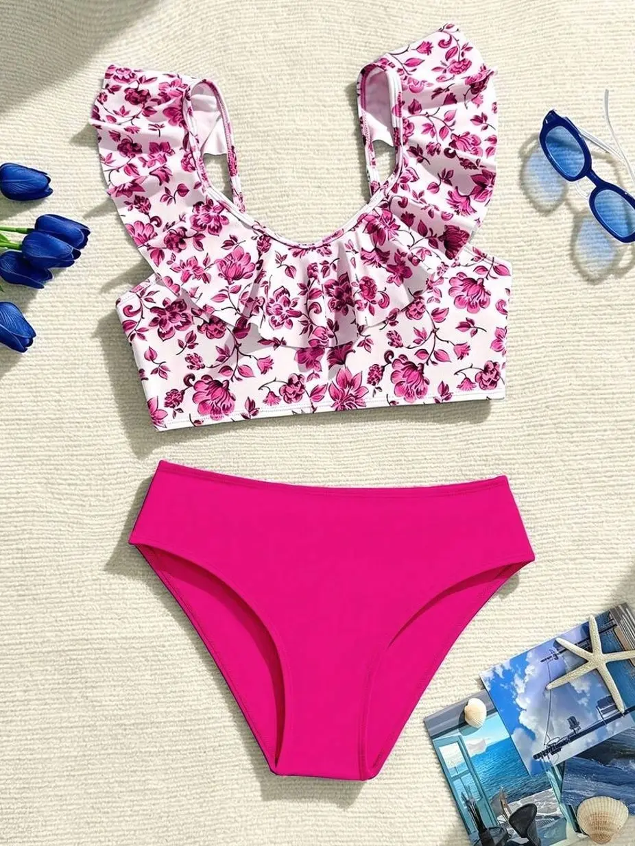 Teen Girls' Floral Print Ruffled Bikini Set, Two-Piece Summer Beach Bathing Suit