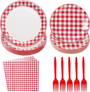 96 count Red and White Gingham Party Decorations Red White Buffalo Checked Plaid Plates and Napkins Picnic Tableware for Summer BBQ Picnic  Shower Birthday Family Dinner Party Supplies, Serves 24