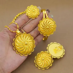 4-piece gold-plated 24K classic jewelry set necklace, earrings, rings, bracelets, Eritrea Dubai women's Habesha wedding gift set