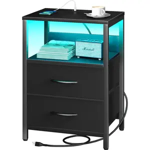 Nightstand with  Station, LED Night Stand with Fabric Drawers and Storage Shelf for Bedroom, Nightstands Bedside Tables with USB Ports & Outlets, Small Night Stands, Bed Side Table
