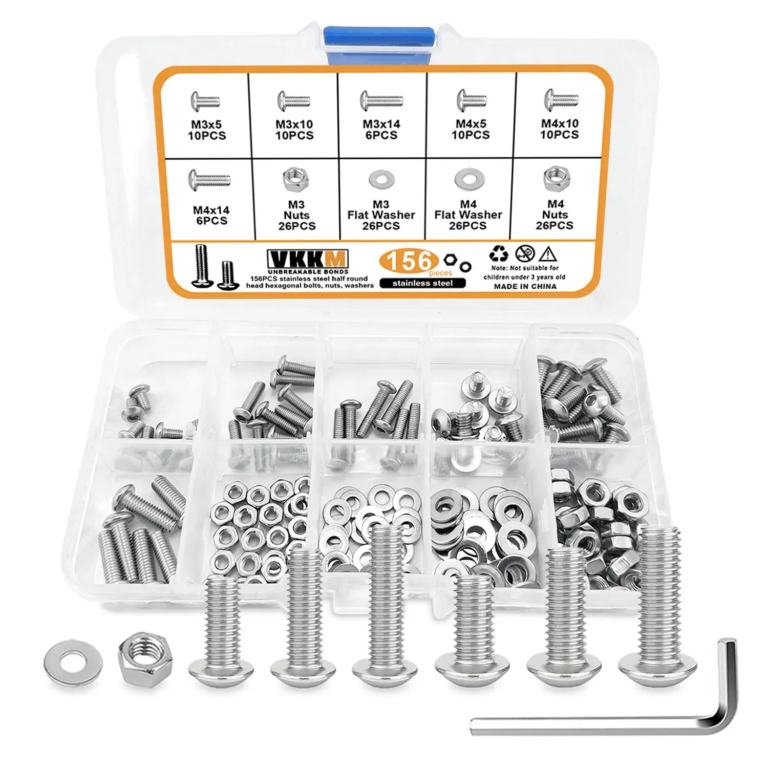 VKKM 156 Pieces M3-M4 Hex Socket Button Head Screws Assortment Kit, 304 Stainless Steel Anti-Corrosion Metric Bolts with Nuts, Washers & Allen Wrench (6 Sizes: M3x5/10/14, M4x5/10/14) for 3D Printer Assembly, Bicycle Parts Maintenance, DIY Crafts