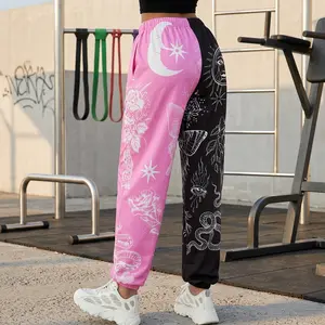 Women's High Smocked Waist Color Block Graphic Print  Joggers - Bohemian Hippie Harem Polyester Loose Sports Pants, Street Patchwork Elastic Sweatpants Yoga 90S Goth Baggy Fashion Casual Trousers with Pockets, Ideal Gift for Outdoor Activities