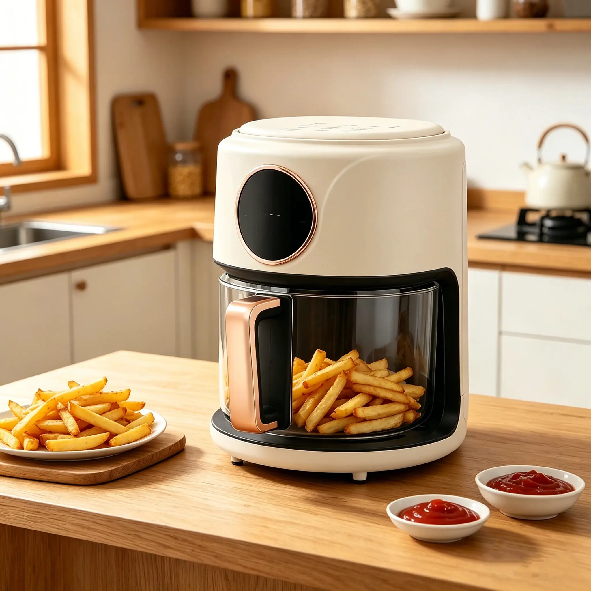 CNCEST 3.8QT Countertop Air Fryer - 1200W Rapid Heating, 360° View Window, 8 1-Touch Presets, Easy Clean Glass Basket, Adjustable Temperature, Programmable, Labor-Saving Small Fryer for Family Meals, Adjustable Temperature Fryer, Countertop Fryer