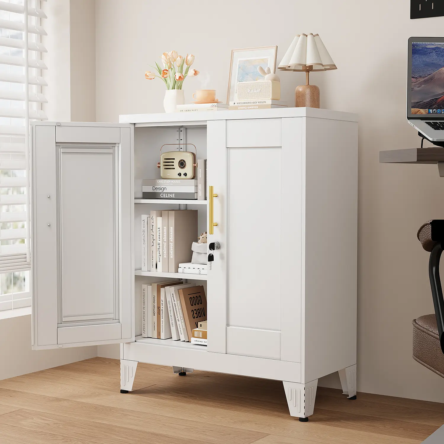36 inch high metal lockable storage cabinet, independent floor cabinet with 2 adjustable shelves, multifunctional filing cabinet, suitable for bathrooms, homes, offices, garages