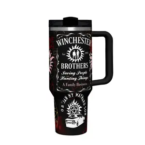 1 x Custom Travel Mug with Supernatural-Inspired Design, Black and White Graphics, Stainless Steel Construction with Handle and Lid, Perfect for On-the-Go Use.