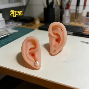2Pcs Silicone Ear Model with Piercing Studs | Professional Earring Practice & Headphone Testing Dummy High-precision Silicone Ear Model with Piercing | Body Jewelry Display & Medical Teaching Dummy (Set of 2)
