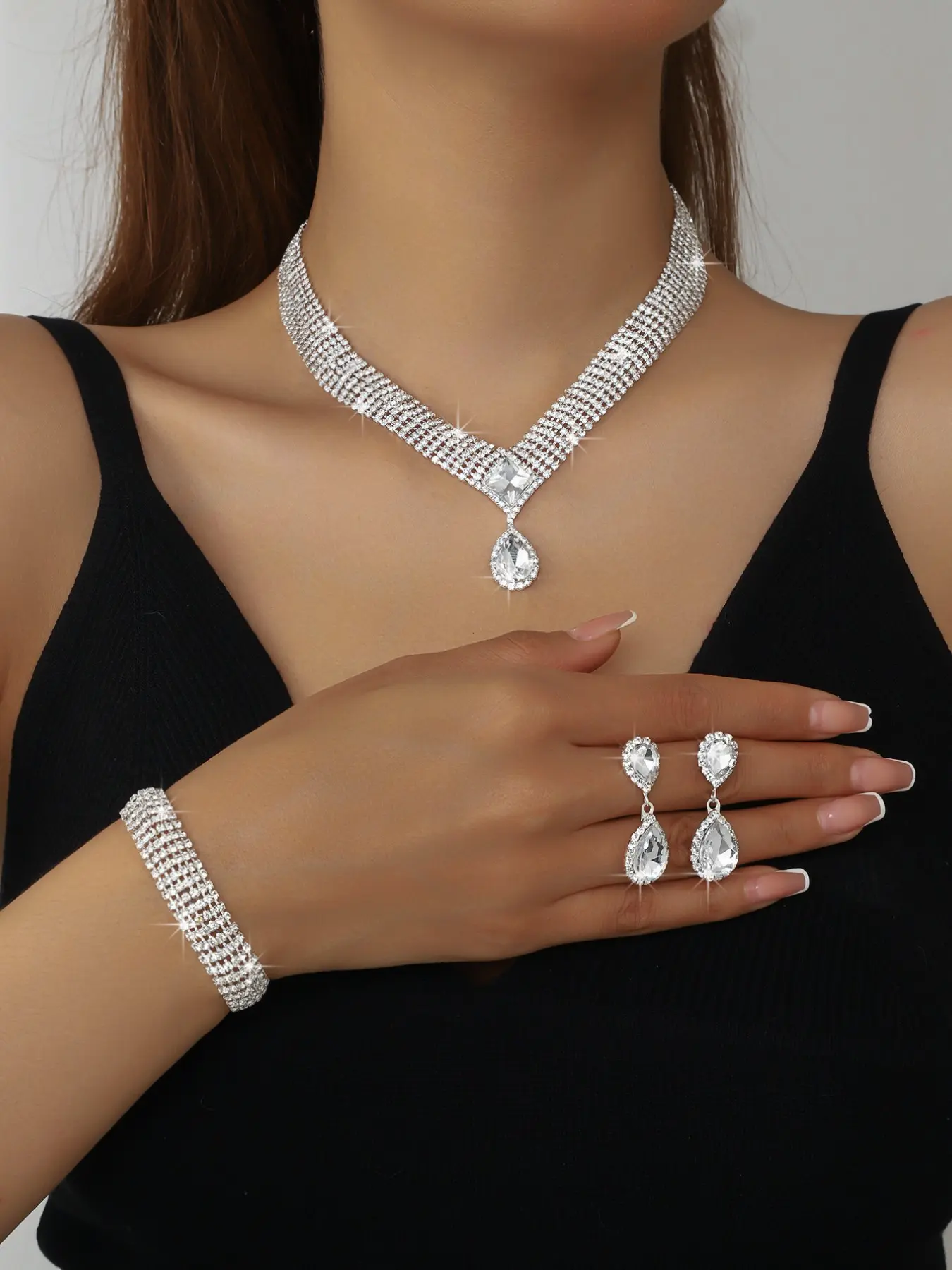 Luxurious Sparkling Rhinestone Geometric Teardrop Necklace Bracelet Earrings Set, Matching Jewelry Set, Bridal Wedding Jewelry Trio, Elegant Accessories, Bridal Accessory, Bridal Jewelry Set For Wedding, Wedding Jewelry Sets For Brides
