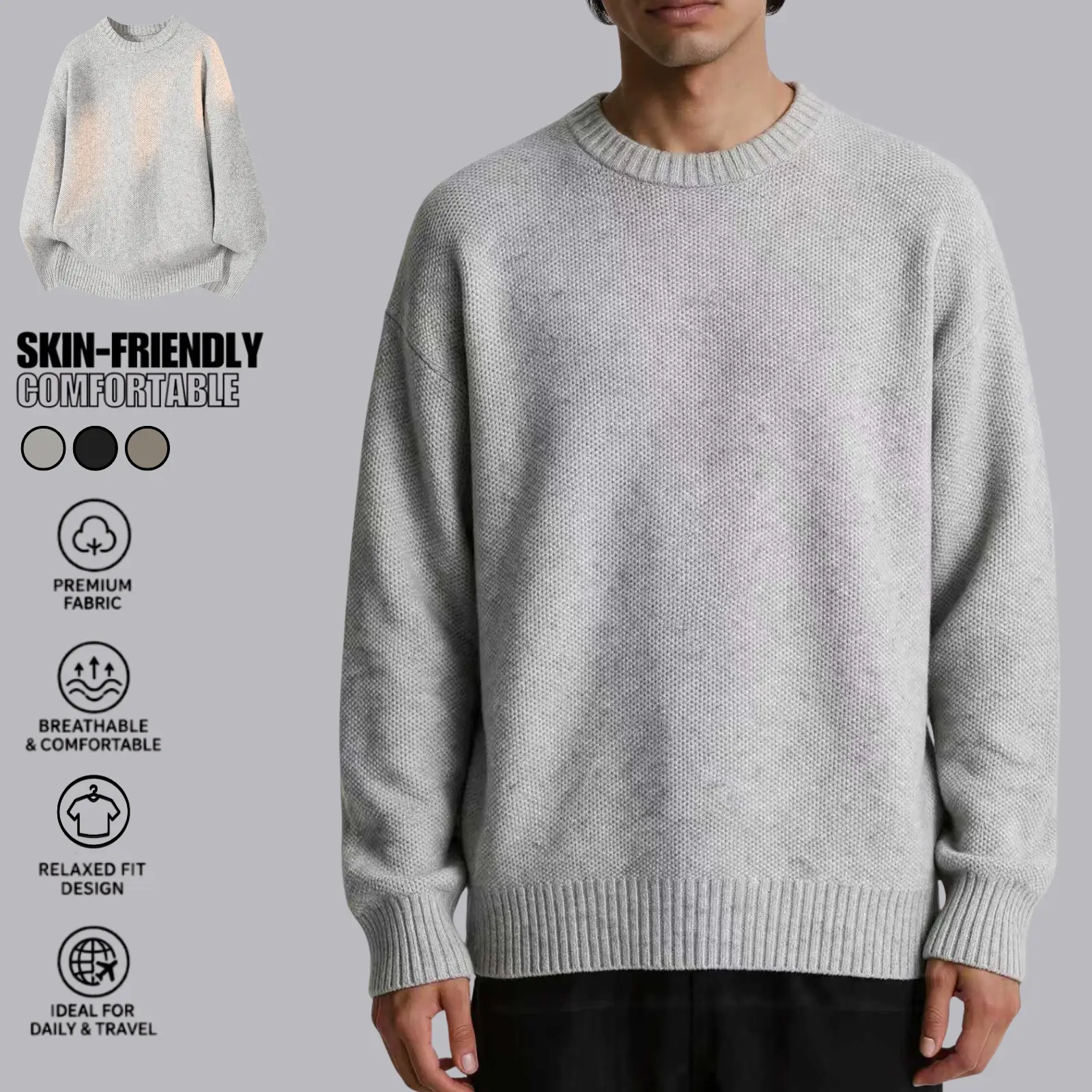 Men's Casual Chic Black Polyester Crewneck Sweater - Plain Textured Rib Knit Pullover with Relaxed Fit, Dropped Shoulders, Long Sleeves - Menswear Knitwear Top,sohochic