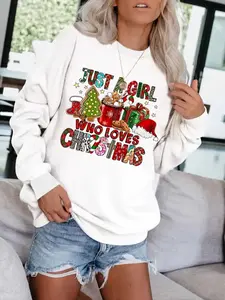 Women's Casual Fitted Christmas Print Pullover Sweater, Soft Fabric Long Sleeve Round Neck Sweatshirt, All-Season Everyday Comfortable Wear
