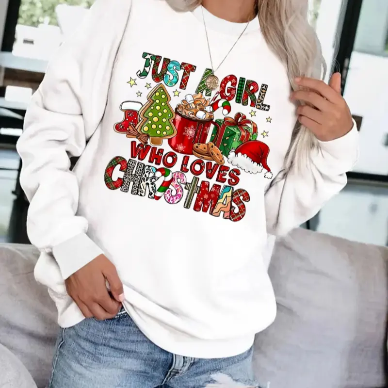 Women's Casual Fitted Christmas Print Pullover Sweater, Soft Fabric Long Sleeve Round Neck Cartoon Print Sweatshirt, All-Season Everyday Comfortable Wear