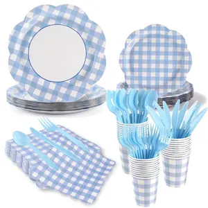 168 Pcs Blue Gingham Party Supplies Set with Plates, Cups, Napkins & Cutlery