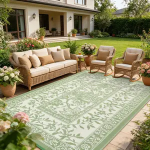 Retro Floral Pattern Outdoor Rug Double-sided Reversible Plastic Straw Rug Washable Foldable Bohemian Style for RVs Camping Decks Picnics Patios carpet