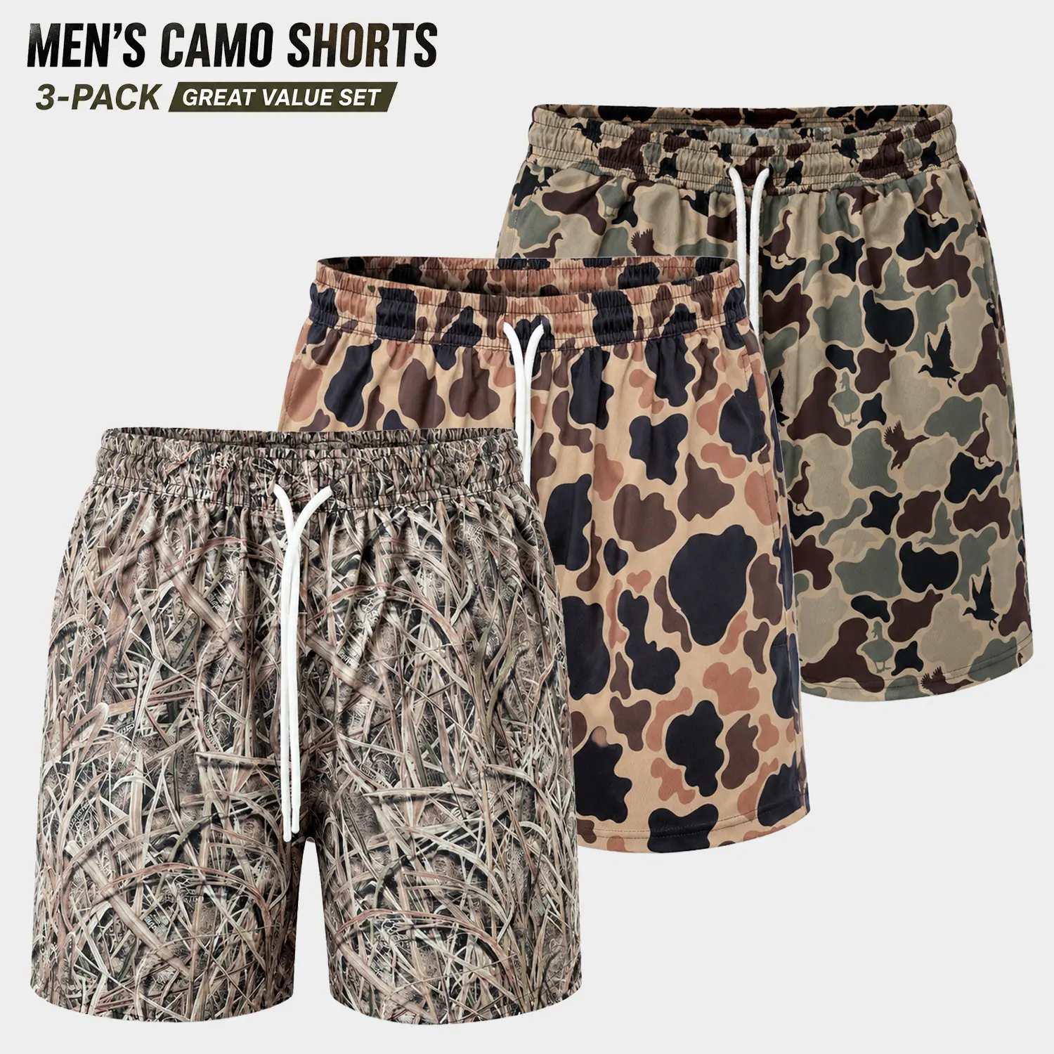 Male Men’s Duck Hunting Camo Shorts, 5-Inch Inseam, Soft Breathable Quick-Dry Athletic Gym Shorts, 1-Pack or 3-Pack Options, Men’s Shorts Camo Camouflage Shorts Lightweight Workout Shorts Casual Fitness Shorts Athleisure Casual Shorts