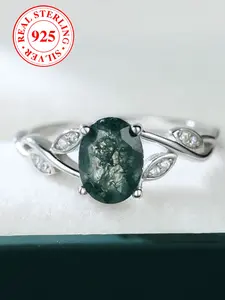 Elegant S925 Silver Oval Agate Edge Eight Character Four Claw Ring, Women's Evening Party Ring with Box, Stylish Jewelry Accessory, Elegant Engagement Ring