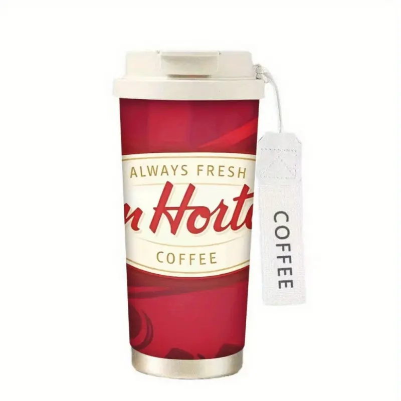 One Tim Hortons Branded Insulated Travel Mug - an Officially Licensed Coffee Cup Featuring The Classic Red And Golden Design, Designed with Double Walls for Both Hot And Cold Beverages, a Leakproof Lid
