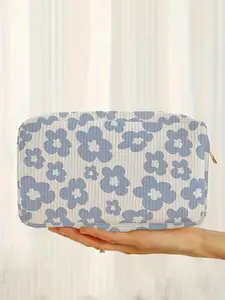 Floral Pattern Corduroy Makeup Bag, Lightweight Multi-functional Fashion Makeup Bag, Travel Makeup Bag, Suitable for Leisure Travel and Various Occasions, Cosmetic Pouch