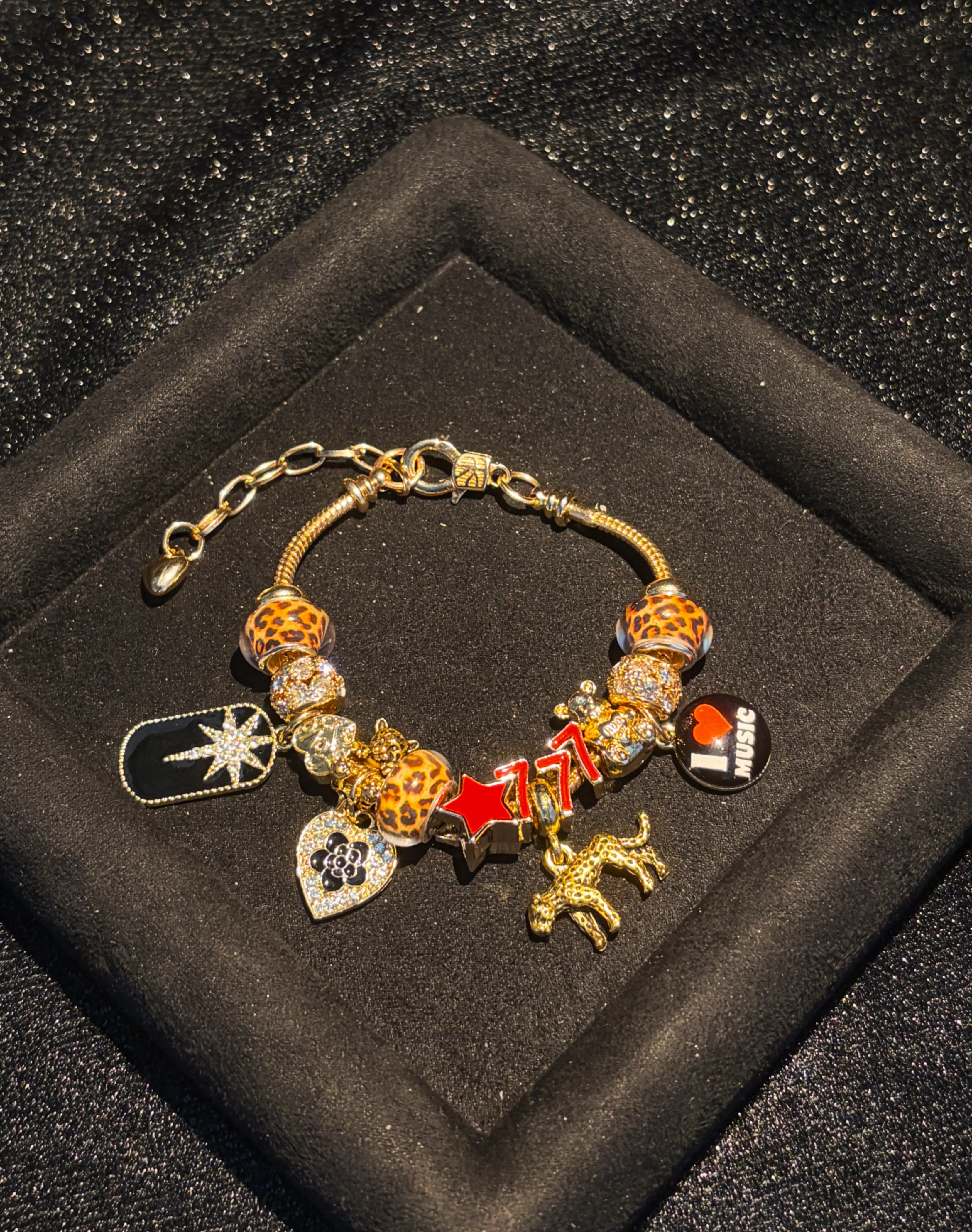 Women's Gold-Tone Multi-Charm Beaded Bracelet - Leopard Print Bead, Star, I Love Music Dangles - Trendy Costume Fashion Jewelry Accessory