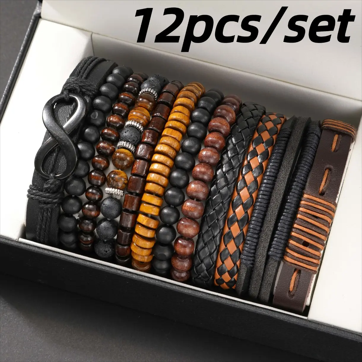 Men’s Vintage Leather Fashionable Bracelet Set - 12-Piece Layered Synthetic Fiber Rope Bracelets with Moonstone Mosaic, Suitable for Casual & Party Wear, Valentine’s Day Gift (No Box Decorations Included), Layered Bracelet Set