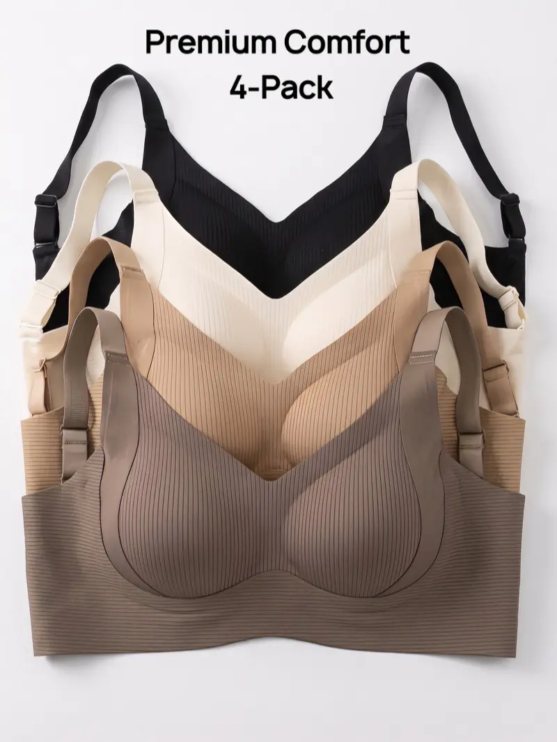 2/4PCS Solid Seamless Ribbed Wireless Bra Plus Size Comfort Jelly Bralette Ultimate Lift Everyday T-shirt Bras