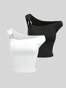 Sweetheart Asymmetric Neckline Fitted Sleeveless Top Two-Piece Set, Casual Basic Plain Style, Multifunctional Summer Wear