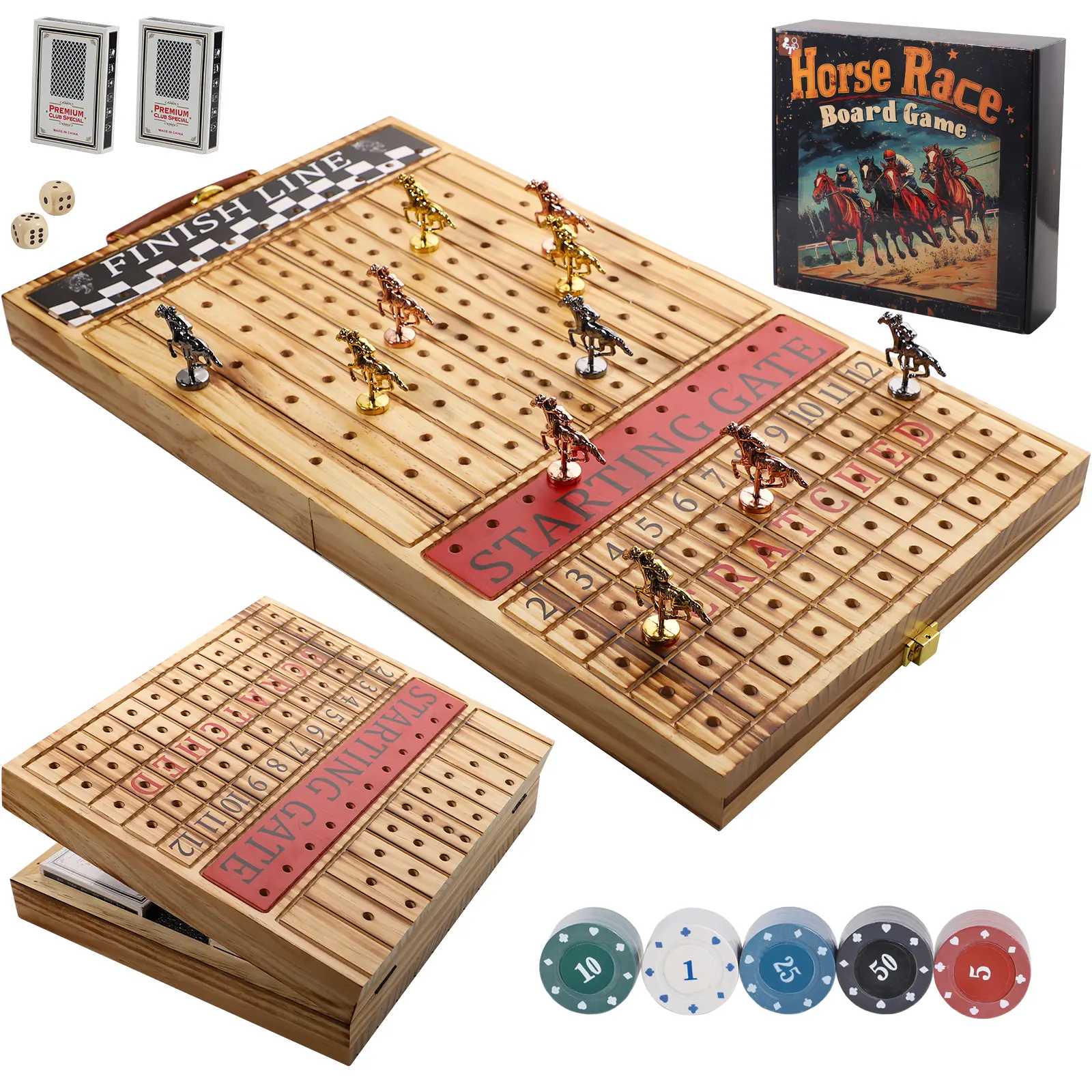 Luxury Metal Craft Horse Racing Tabletop Game - Family-Focused for Adult Gatherings, Drinking Activities & Gifting - 11 Horses, 2 Dice, 2 Card Boxes, Folding Board (Light Flame), Tabletop Games, Family Board Games