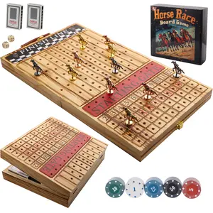 Wooden Party  family gathering, drinking gaming gift giving Horse Racing Board Game Equipped with 11 Luxury Metal Craft Horses Adult Chessboard Including 2 Dice and 2 Boxes of Cards Folding Box Game Board (Light Flame)