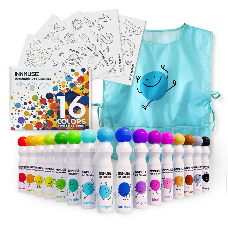 Innmuse Washable Dot Painting Markers Set with Smock & Activity Sheets – Classroom Art & Educational Painting Supplies for Early Learning