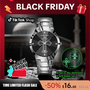 【TikTokShopBlackFriday】Men's and Women’s Watch Cross Design, Waterproof Stainless Steel Band, Business Casual Style, Sapphire Crystal, Perfect Gift for Birthdays, Christmas, and Halloween Quartz Chronograph Rhinestone