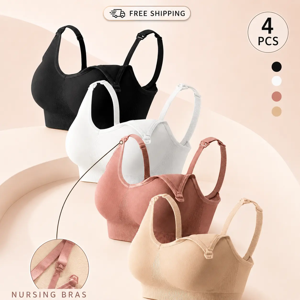 【4 Pack】Women's Seamless Nursing Bras, Wireless Maternity Breastfeeding Bras with One-Hand Nursing Clips, Adjustable Straps, Ribbed Stretch Fabric and Wide Support Band, Comfortable Everyday Sleep Bras for Pregnancy and Postpartum, Black White Nude Pink