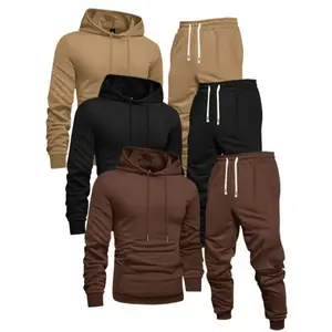 3-Pack Men'S Casual Sports Hoodie And Sweatpants Set, Solid Color, Long Sleeve Pullover With Pocket, Knit Polyester, Slight Stretch, Regular Fit, Elastic Waist With Drawstring, Ribbed Cuff Pants - Spring/Fall Athletic Outfit Clothing Fabric