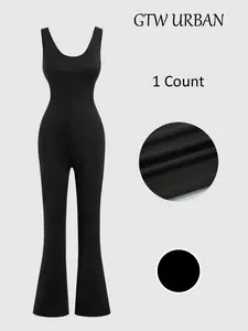 Women's Solid Color Flare Leg Jumpsuit, Casual Comfy Sleeveless Jumpsuit for Summer, Women's Jumpsuit for Daily Wear