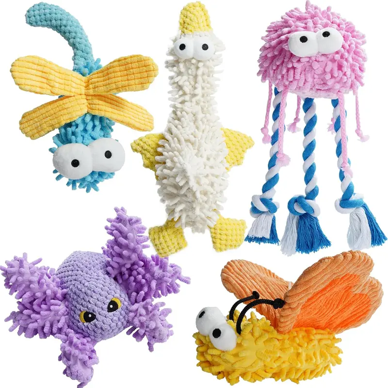 Nocciola 5-Piece Pastel Cartoon Cute Animal Toys Set - Mop-Like, Squeaky, Crinkly, Durable Fun Tactile Sensory Chew Tool, Dental Care Accessory for All Dog Breeds, Animals