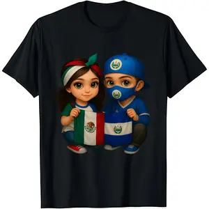 Fashion Designer T-Shirts - Cotton Graphic Tees with Kids Holding Mexico & El Salvador Flags Tee,Crewneck,Casual,Ideal for Everyday Wear, Tropical Men's Gifts