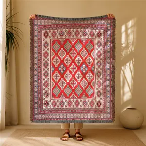 Red Diamond Geometric Pattern Bohemian Yarn Jacquard Woven Blanket with Tassel, Thick Soft Washable Blanket, Warm Blanket, Boho Style Blanket, Used for Home Decor Sofa Chair Bed Outdoor Camping, Throw Blankets