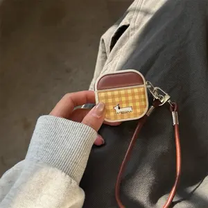 Yellow plaid sausage dog | Brown short rope | Magnetic leather headphone cover | Best friend gift | Suitable for AirPods 2 3 4 Pro Pro2 Pro3